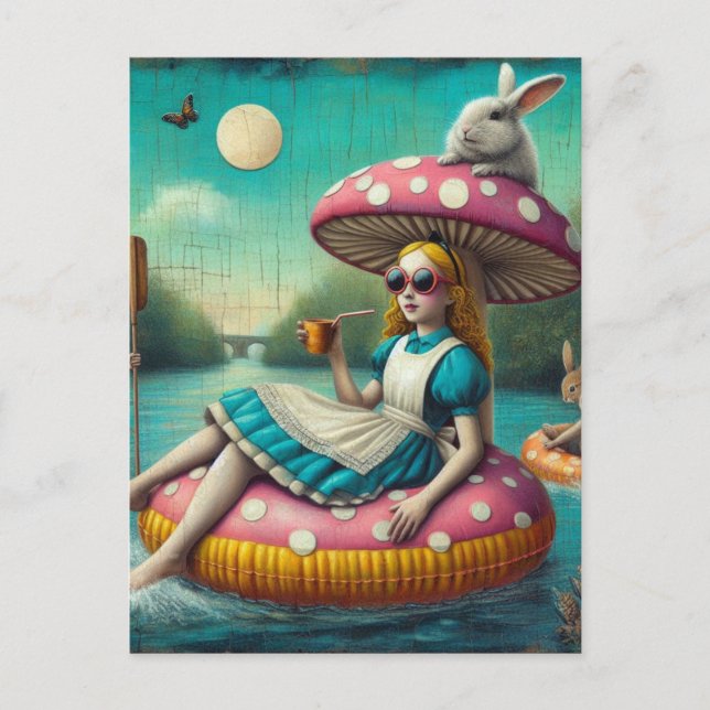 Alice and the Rabbit encaustic collage art Postcard (Front)