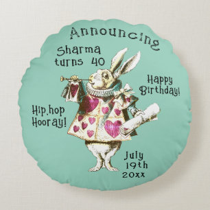 Alice and White Rabbit Happy Birthday Decree Round Cushion