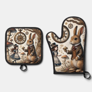 alice aventures in wonderland white rabbit oven mitt & pot holder set