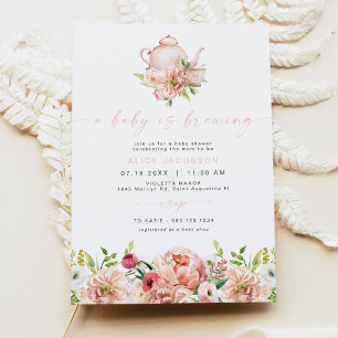 ALICE Blush Floral Baby Brewing Tea Baby Shower Invitation
