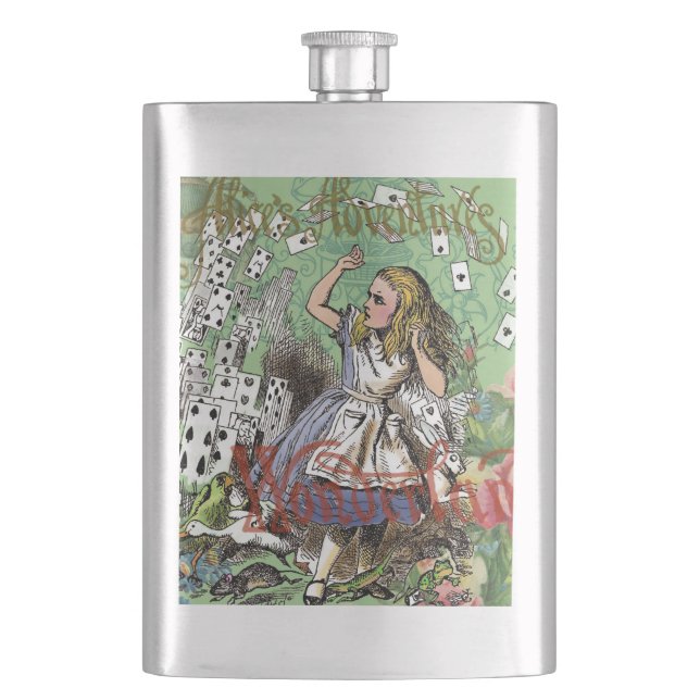 alice cards wonderland hatter rabbit  hip flask (Front)