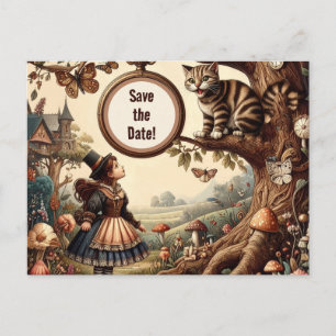 Alice & Cheshire Cat: Whimsical Wonderland Fantasy Announcement Postcard