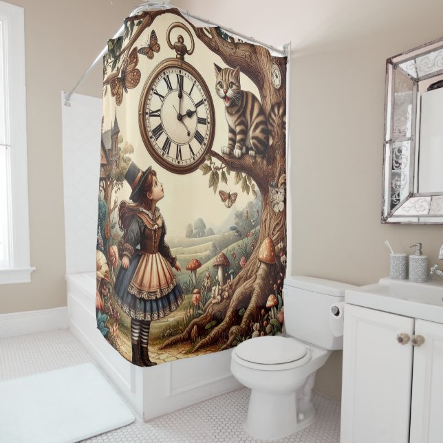 Alice & Cheshire Cat: Whimsical Wonderland Fantasy Shower Curtain (In Situ)