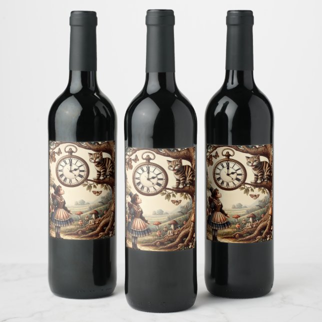 Alice & Cheshire Cat: Whimsical Wonderland Fantasy Wine Label (Bottles)