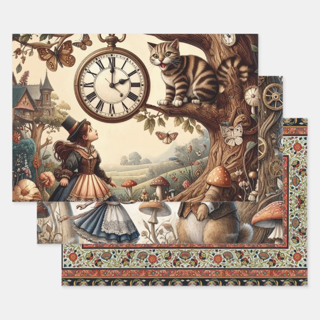 Alice & Cheshire Cat: Whimsical Wonderland Fantasy Wrapping Paper Sheet (Set)