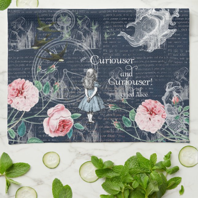 Alice Curioser Wonderland Blue Pink Tea Towel (Folded)
