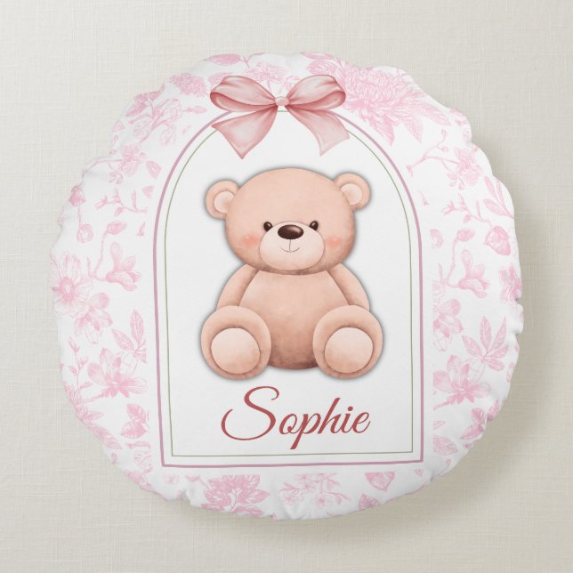 Alice | Custom Pink Teddy Bear Nursery Design  Round Cushion (Front)