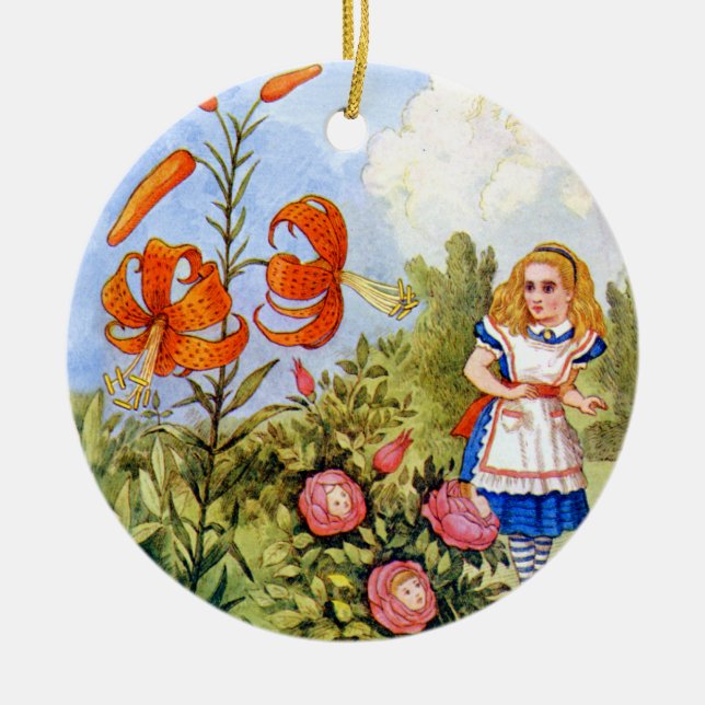 Alice Encounters Talking Flowers in Wonderland Ceramic Tree Decoration (Front)