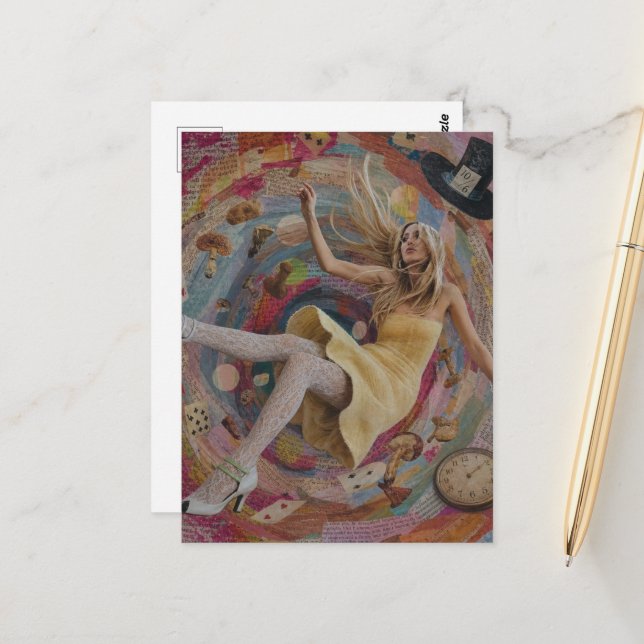 Alice Falls Down the Rabbit Hole Surreal Collage Postcard (Front/Back In Situ)