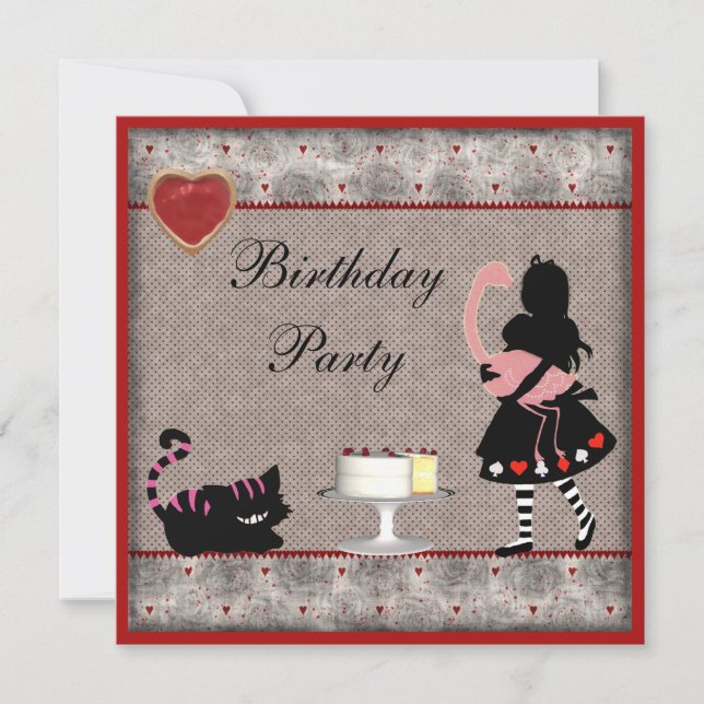 Alice, Flamingo & Cheshire Cat Birthday Party Invitation (Front)