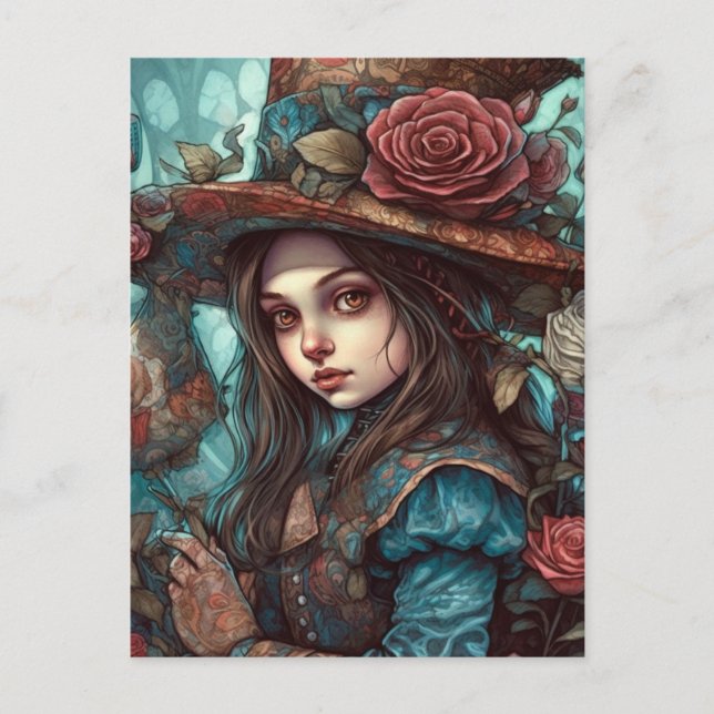 Alice in a Top Hat With Flowers Postcard (Front)