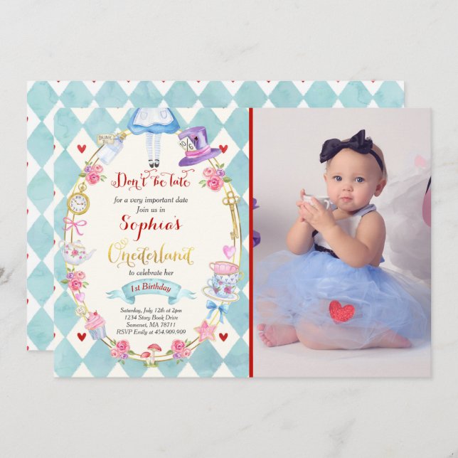 Alice In ONEderland Birthday Invitation Tea Party (Front/Back)