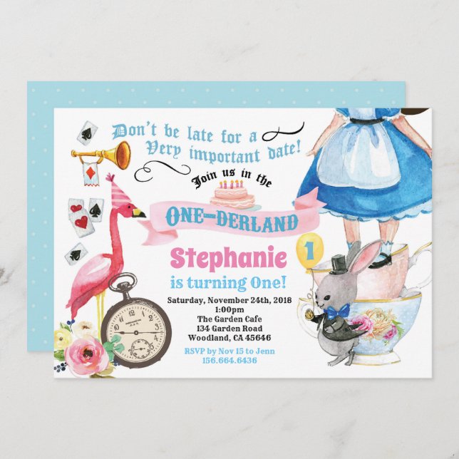 Alice in ONEderland birthday tea party blue Invitation (Front/Back)