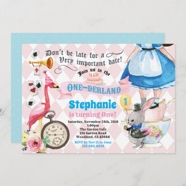 Alice in ONEderland birthday tea party pink Invitation (Front/Back)