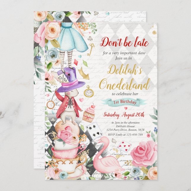 Alice In ONEderland Birthday Whimsical Tea Party  Invitation (Front/Back)