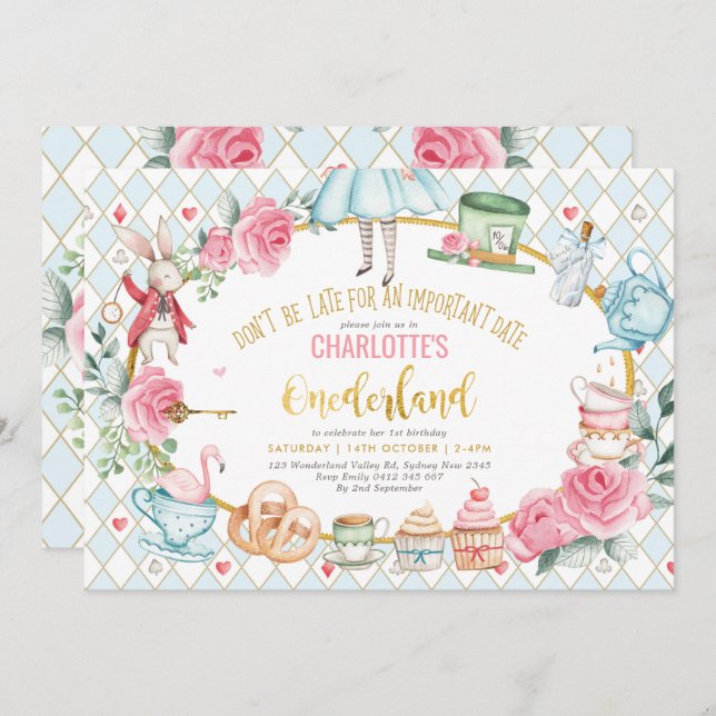 Alice in Onederland Blue Pink Birthday Tea Party Invitation (Front/Back)