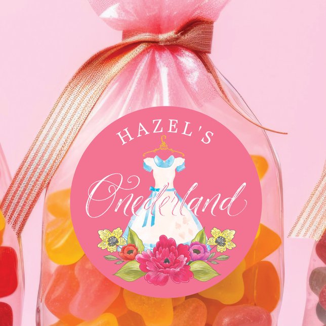 Alice in Onederland Florals & Blue Dress Birthday Classic Round Sticker (Alice in Onederland Florals & Blue Dress Birthday Classic Round Sticker)