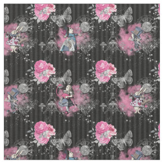 Alice in Winter Wonderland on Black Striped Fabric
