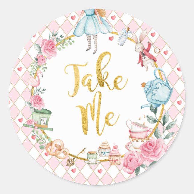 Alice in Wonderland 1st Birthday Onederland Favour Classic Round Sticker (Front)