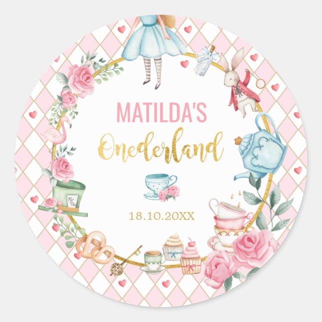 Alice in Wonderland 1st Birthday Onederland Favour Classic Round Sticker (Front)