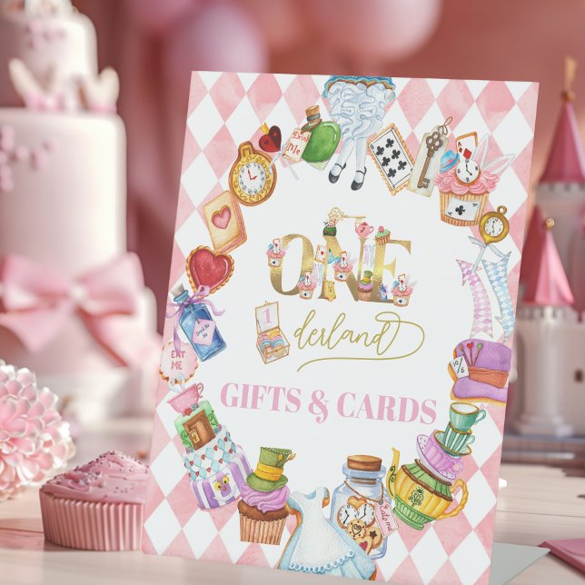 Alice in Wonderland 1st birthday Pink Gifts Pedestal Sign (Creator Uploaded)