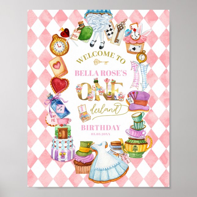 Alice in Wonderland 1st birthday Pink Welcome Poster (Front)