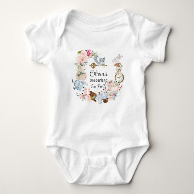 Alice in Wonderland 1st Birthday Tea Party Baby Bodysuit (Front)