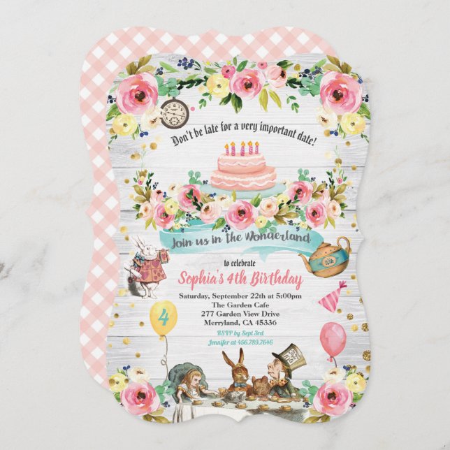 Alice in Wonderland baby birthday invitation (Front/Back)
