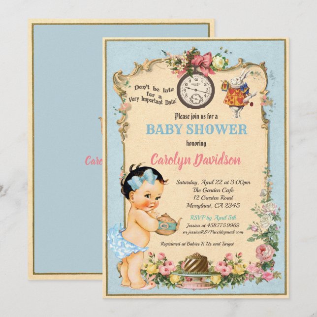 Alice in Wonderland Baby Girl Shower Invitation (Front/Back)