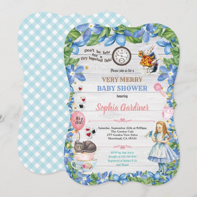 Alice in Wonderland baby girl shower invitation (Front/Back)