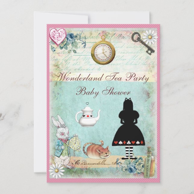 Alice in Wonderland Baby Girl Shower Tea Party Invitation (Front)