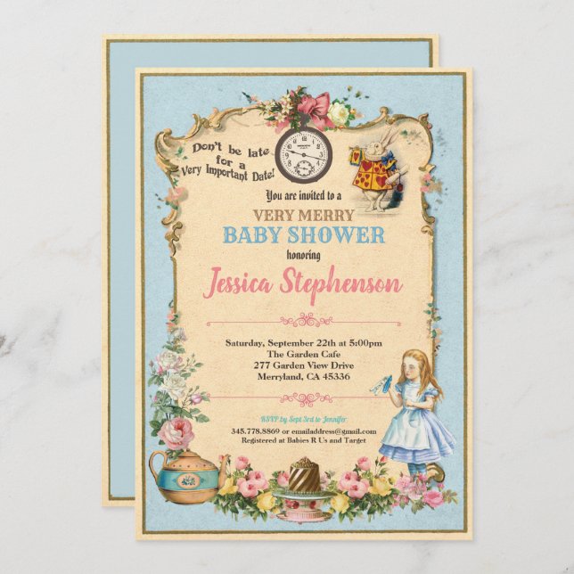 Alice in Wonderland baby shower invitation blue (Front/Back)