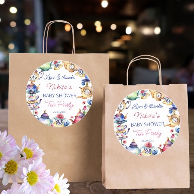 Alice in wonderland baby shower tea party favour classic round sticker (Alice in wonderland baby shower tea party thank you favor sticker tea party favor stickers )