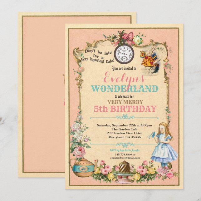 Alice in Wonderland birthday invitaion pink Invitation (Front/Back)