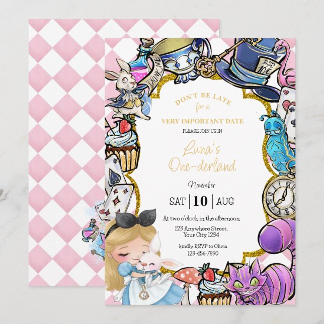 Alice in wonderland Birthday invitation (Front/Back)