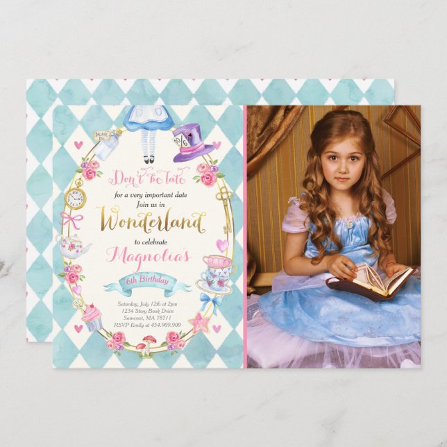 Alice In Wonderland Birthday Invitation Tea Party (Front/Back)