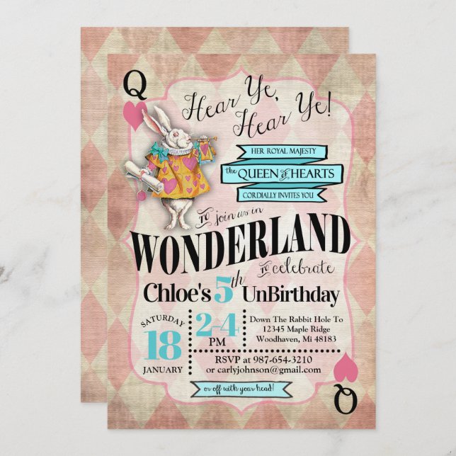 Alice in Wonderland Birthday Invitations (Front/Back)