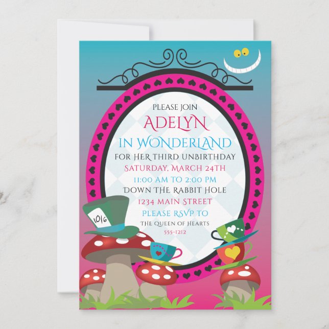 Alice in Wonderland birthday tea party invitation (Front)