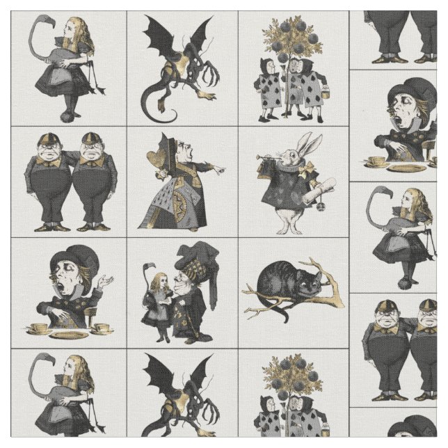 Alice in Wonderland Black/Gold in Table on White  Fabric (Close Up)