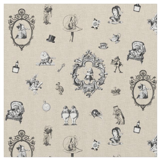 Alice in Wonderland Black/White on Canvas Texture Fabric (Close Up)