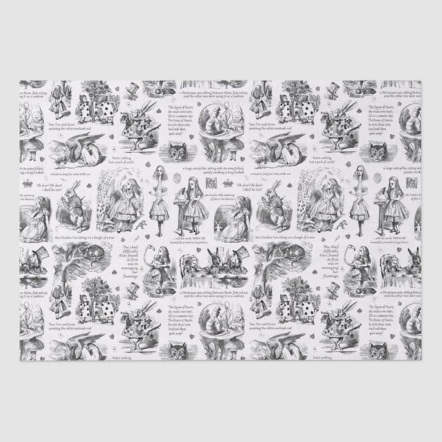 Alice in Wonderland Black White Toile Quotes Tissue Paper (Front)