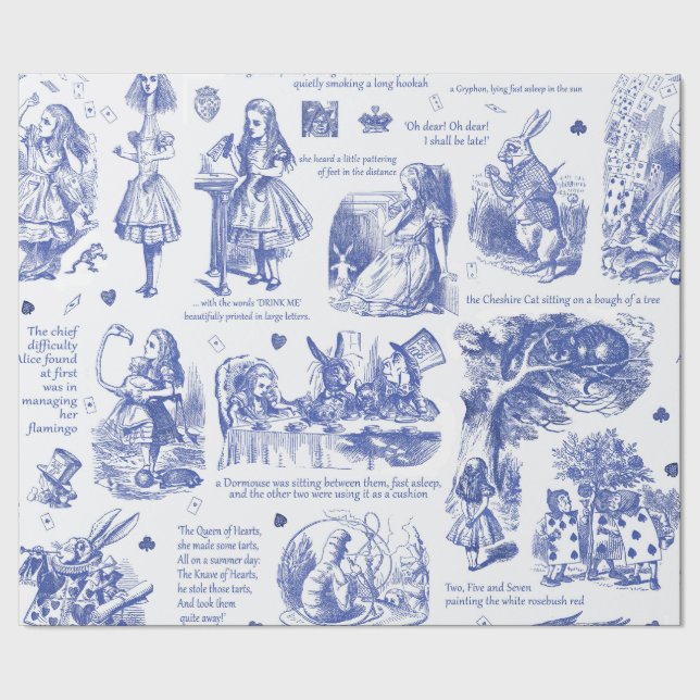 Alice in Wonderland Blue Toile Quotes Wrapping Paper (Seam)