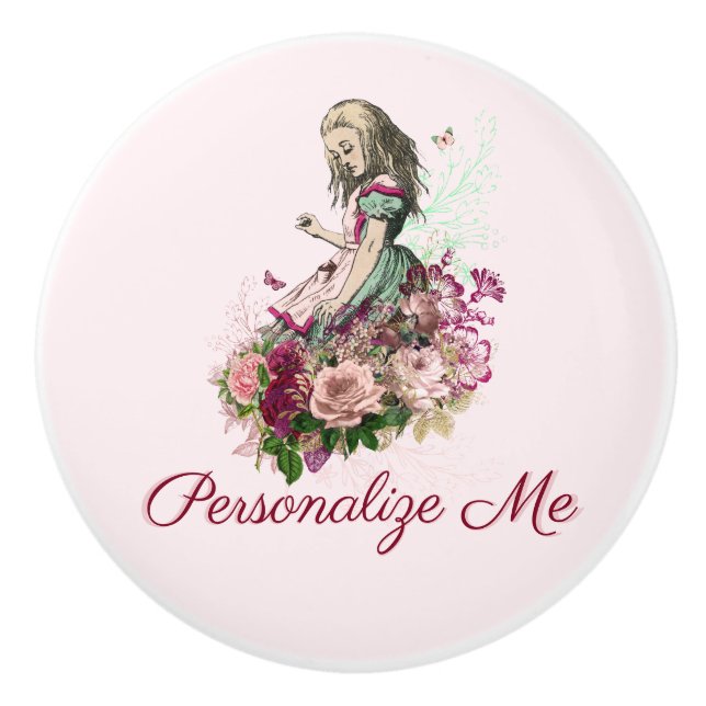 Alice in Wonderland Blush Floral Personalised Ceramic Knob (Front)
