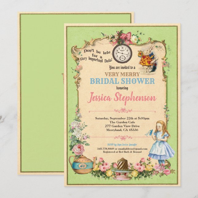 Alice in Wonderland bridal shower invitaion green Invitation (Front/Back)