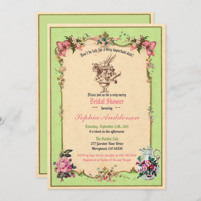 Alice in Wonderland bridal shower invitation green (Front/Back)