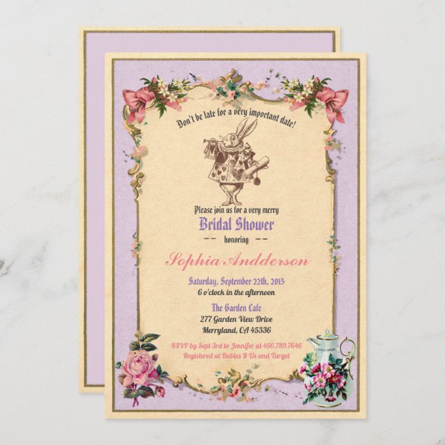 Alice in Wonderland bridal shower invitation lilac (Front/Back)