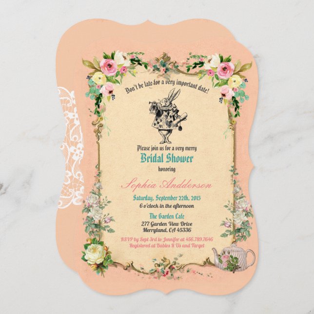 Alice in Wonderland bridal shower invitation pink (Front/Back)