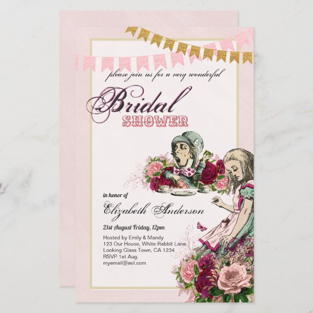 Alice in Wonderland Bridal Shower Tea Party Invite (Front/Back)
