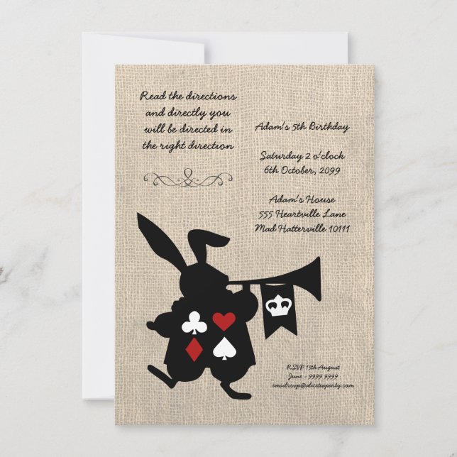 Alice in Wonderland Burlap Tea Party Birthday Invitation (Front)