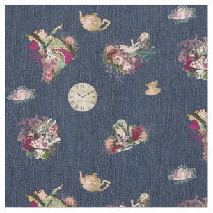 Alice in Wonderland Characters on Blue Denim Fabric